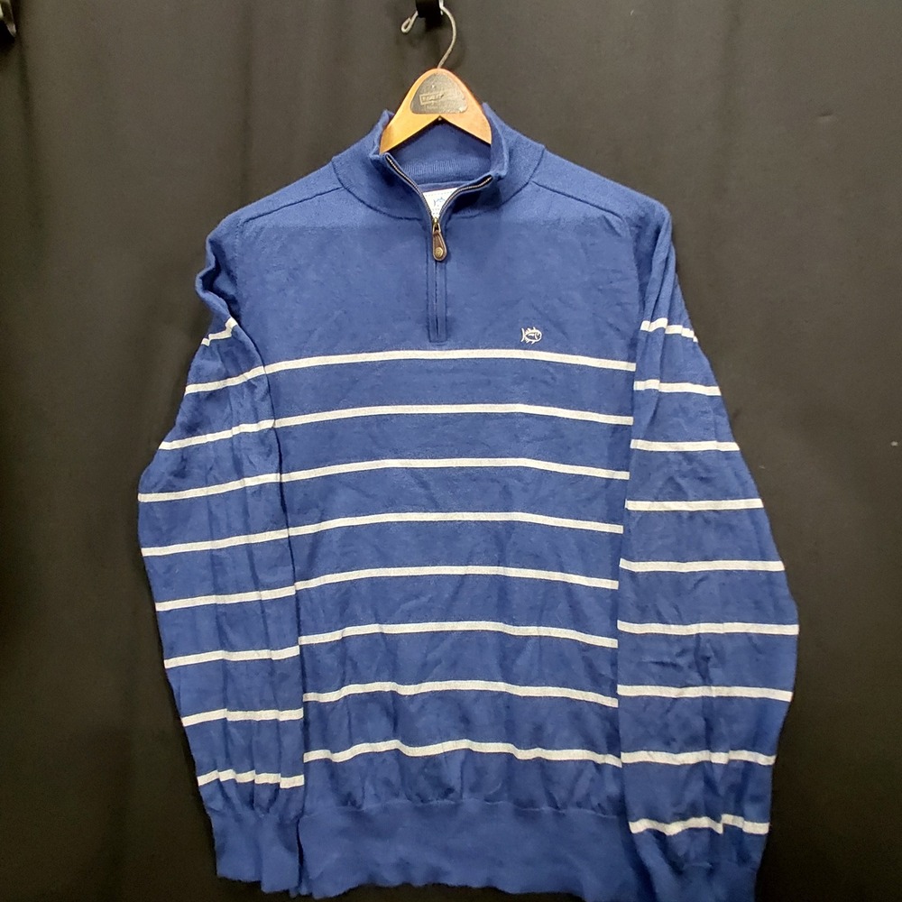 Southern Tide Mens XXL Blue White Striped 100% Merino Wool Quarter Zip Sweater